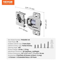 image-VEVOR Cabinet Hinges, 40 Packs Partial Overlay Kitchen Cabinet Door Hinges, 105 Degree Opening Angel Soft Close Concealed Cupboard Hinges for Framed Cabinet Type, with Mounting Screws