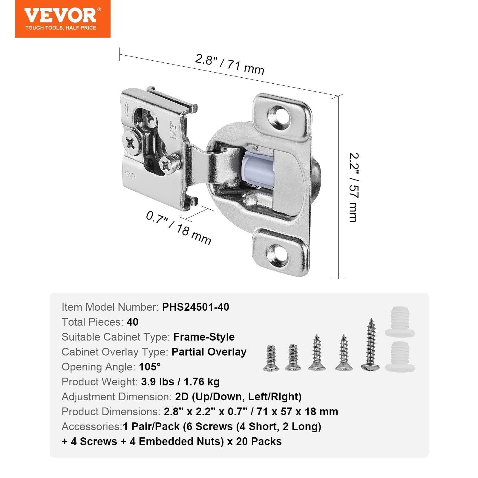 image-VEVOR Cabinet Hinges, 40 Packs Partial Overlay Kitchen Cabinet Door Hinges, 105 Degree Opening Angel Soft Close Concealed Cupboard Hinges for Framed Cabinet Type, with Mounting Screws