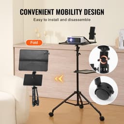 image-VEVOR Projector Stand with Wheels, Laptop Stand Tripod Adjustable Height from 31.3 to 67.3", Projector Tripod Stand with 2 Trays & Gooseneck Phone Holder, for Outdoor Movies, Home, Office or Studio