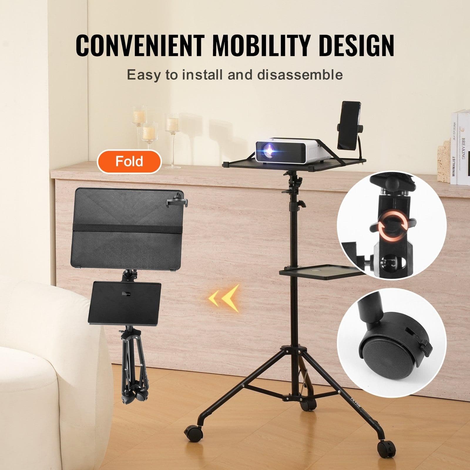 image-VEVOR Projector Stand with Wheels, Laptop Stand Tripod Adjustable Height from 31.3 to 67.3", Projector Tripod Stand with 2 Trays & Gooseneck Phone Holder, for Outdoor Movies, Home, Office or Studio