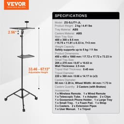 image-VEVOR Projector Stand with Wheels, Laptop Stand Tripod Adjustable Height from 31.3 to 67.3", Projector Tripod Stand with 2 Trays & Gooseneck Phone Holder, for Outdoor Movies, Home, Office or Studio