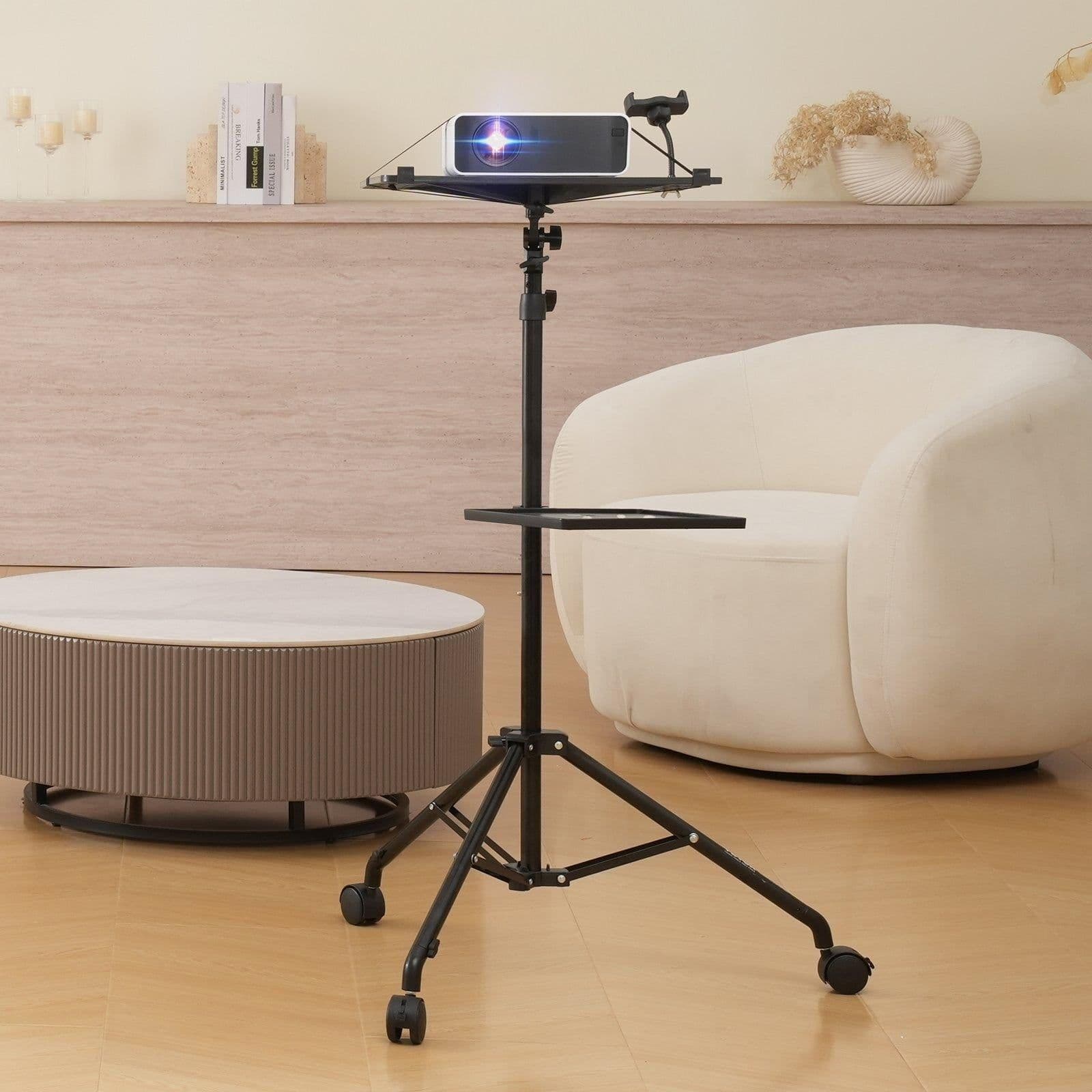 image-VEVOR Projector Stand with Wheels, Laptop Stand Tripod Adjustable Height from 31.3 to 67.3", Projector Tripod Stand with 2 Trays & Gooseneck Phone Holder, for Outdoor Movies, Home, Office or Studio