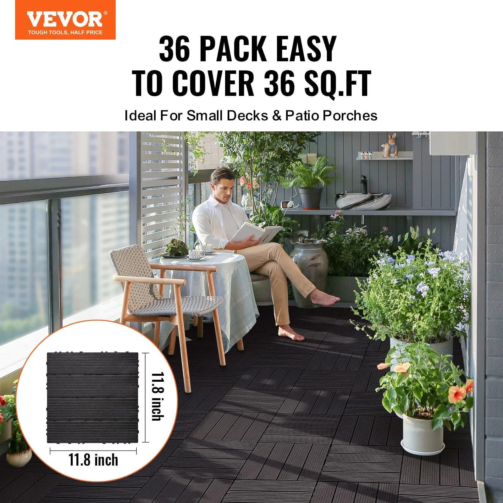 image-VEVOR Interlocking Deck Tiles, 36 Pack,11.6"x11.6" 36 sq. ft Plastic Waterproof Outdoor Flooring All Weather Use, Patio Floor Decking Covering Tiles for Porch Poolside Balcony Backyard, Dark Brown