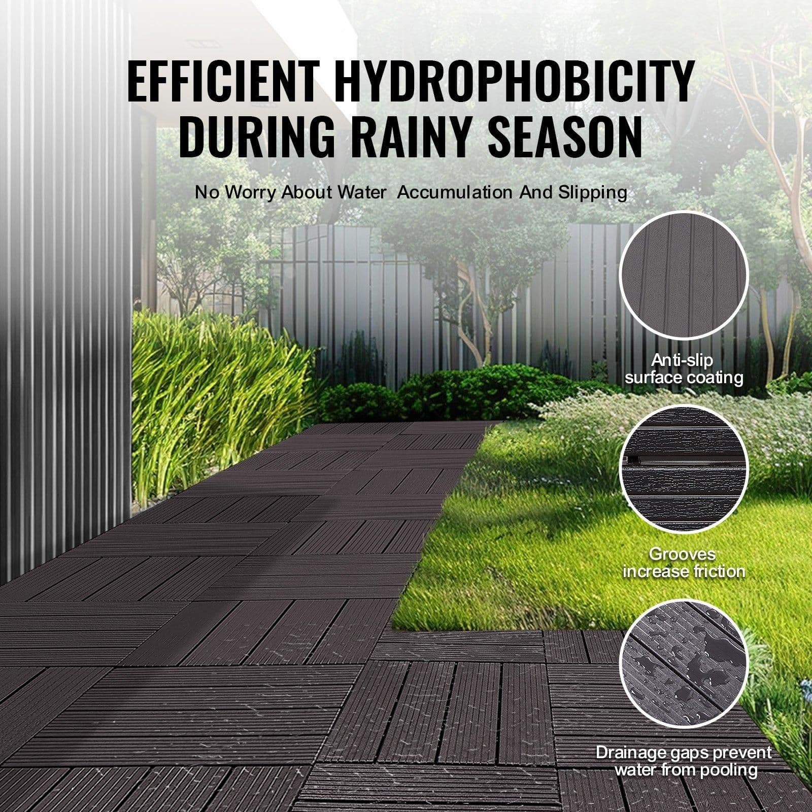 image-VEVOR Interlocking Deck Tiles, 36 Pack,11.6"x11.6" 36 sq. ft Plastic Waterproof Outdoor Flooring All Weather Use, Patio Floor Decking Covering Tiles for Porch Poolside Balcony Backyard, Dark Brown