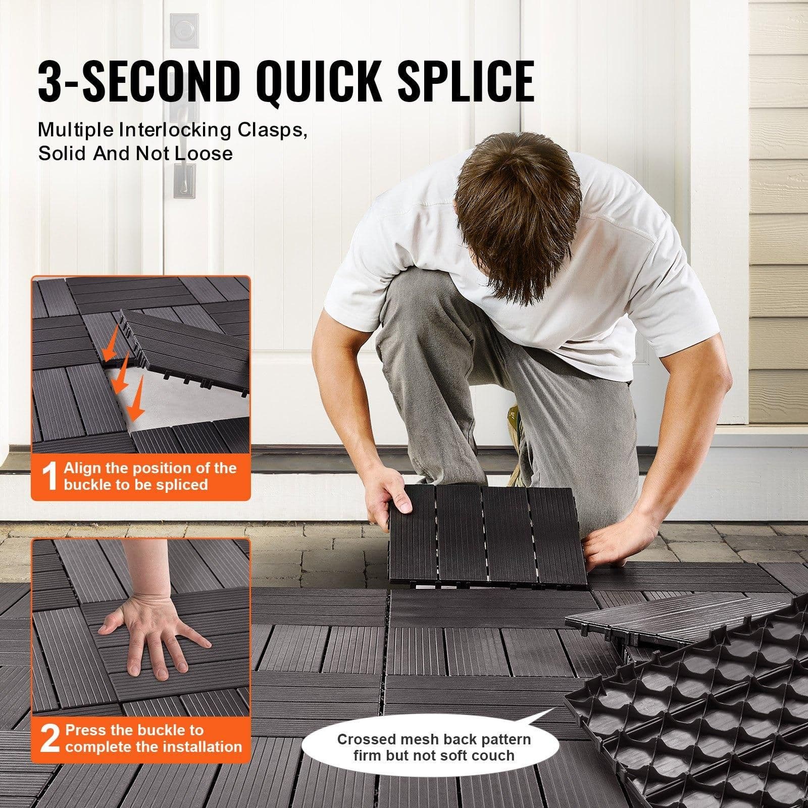 image-VEVOR Interlocking Deck Tiles, 36 Pack,11.6"x11.6" 36 sq. ft Plastic Waterproof Outdoor Flooring All Weather Use, Patio Floor Decking Covering Tiles for Porch Poolside Balcony Backyard, Dark Brown