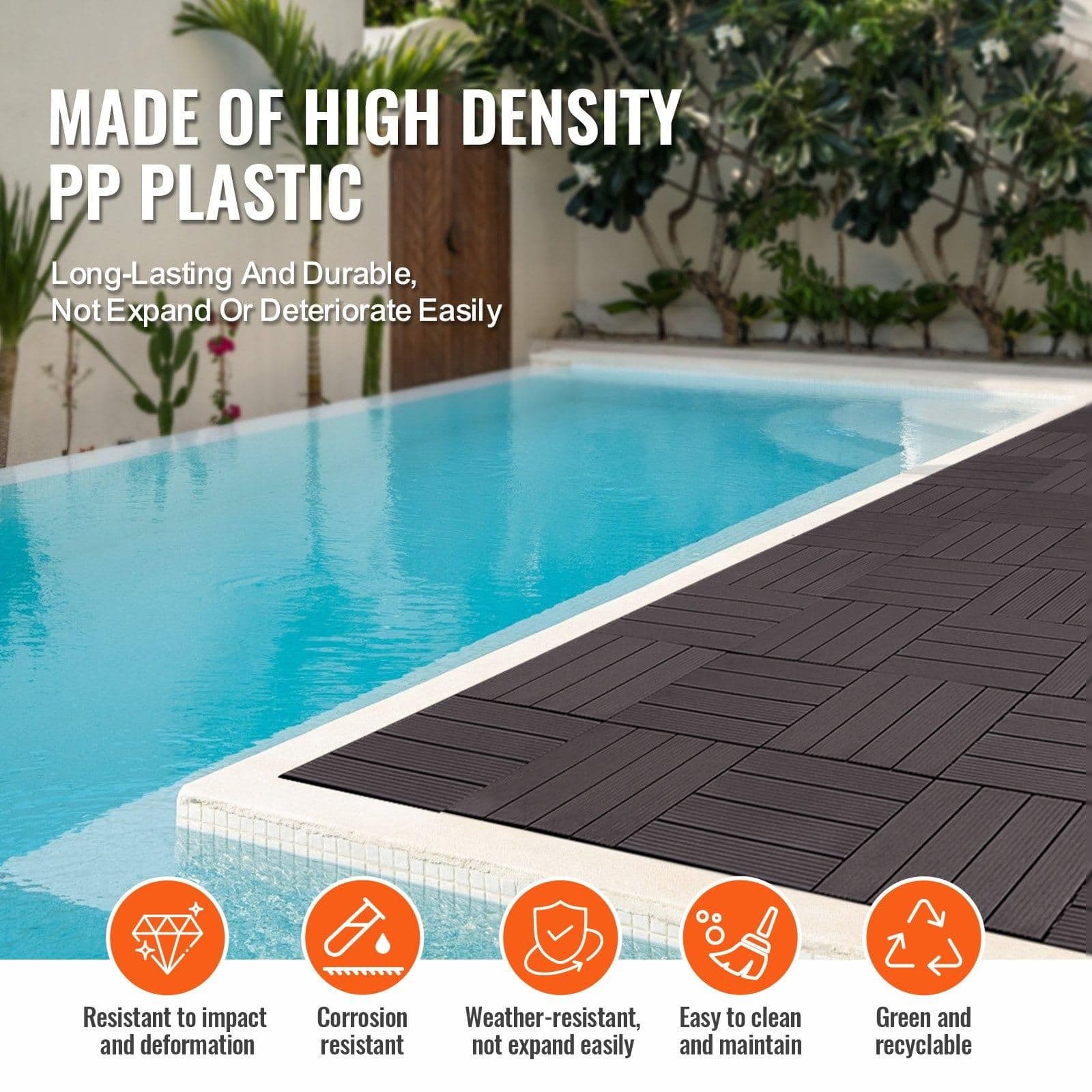 image-VEVOR Interlocking Deck Tiles, 36 Pack,11.6"x11.6" 36 sq. ft Plastic Waterproof Outdoor Flooring All Weather Use, Patio Floor Decking Covering Tiles for Porch Poolside Balcony Backyard, Dark Brown