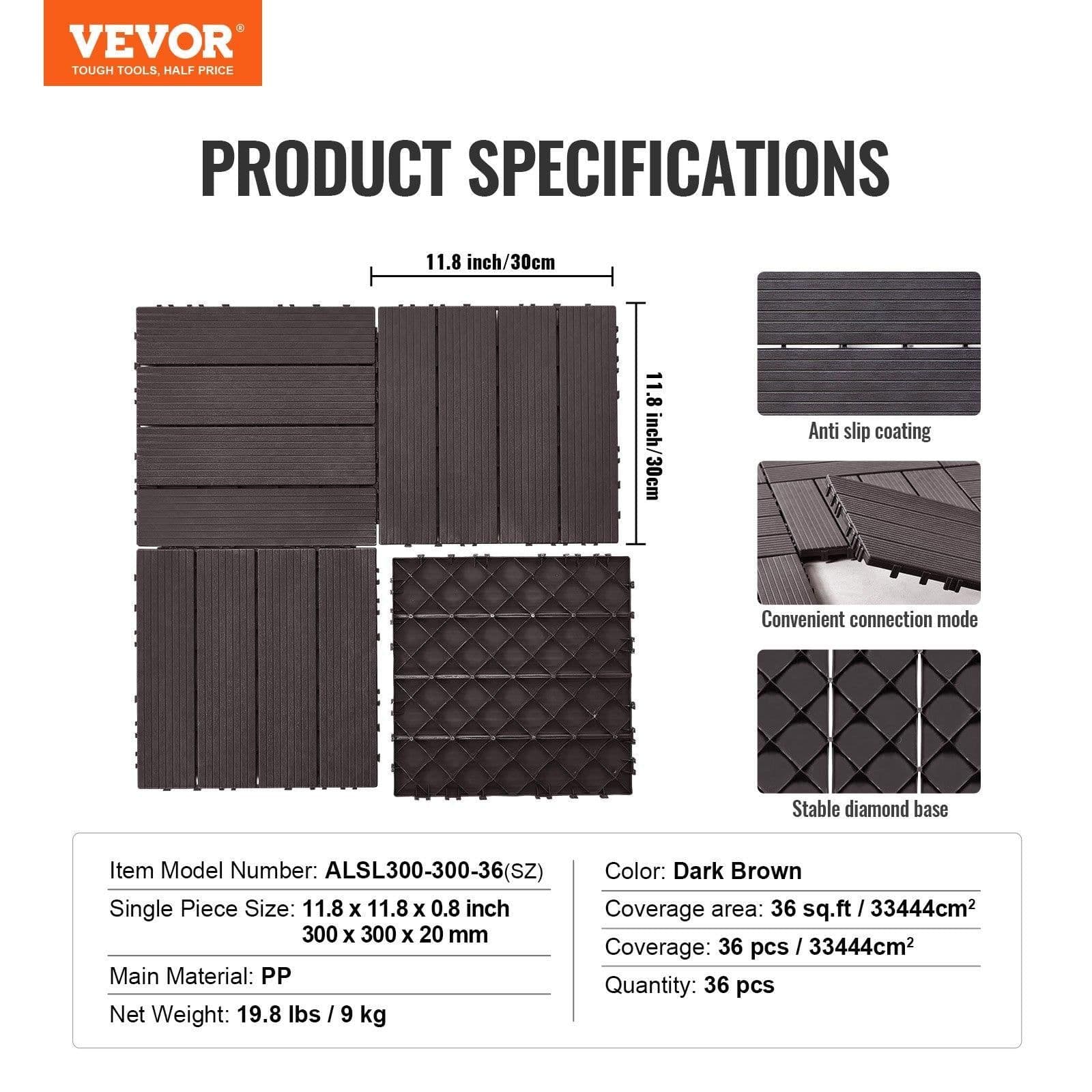 image-VEVOR Interlocking Deck Tiles, 36 Pack,11.6"x11.6" 36 sq. ft Plastic Waterproof Outdoor Flooring All Weather Use, Patio Floor Decking Covering Tiles for Porch Poolside Balcony Backyard, Dark Brown