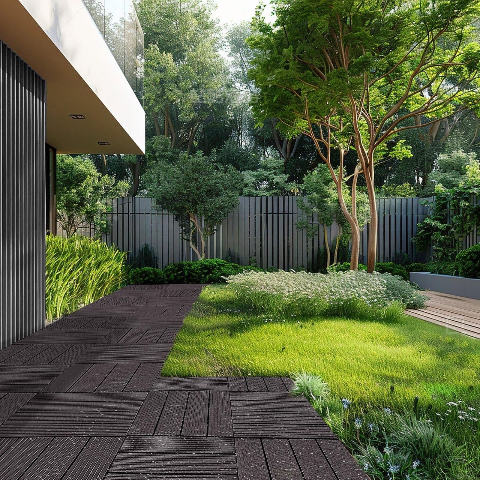 image-VEVOR Interlocking Deck Tiles, 36 Pack,11.6"x11.6" 36 sq. ft Plastic Waterproof Outdoor Flooring All Weather Use, Patio Floor Decking Covering Tiles for Porch Poolside Balcony Backyard, Dark Brown