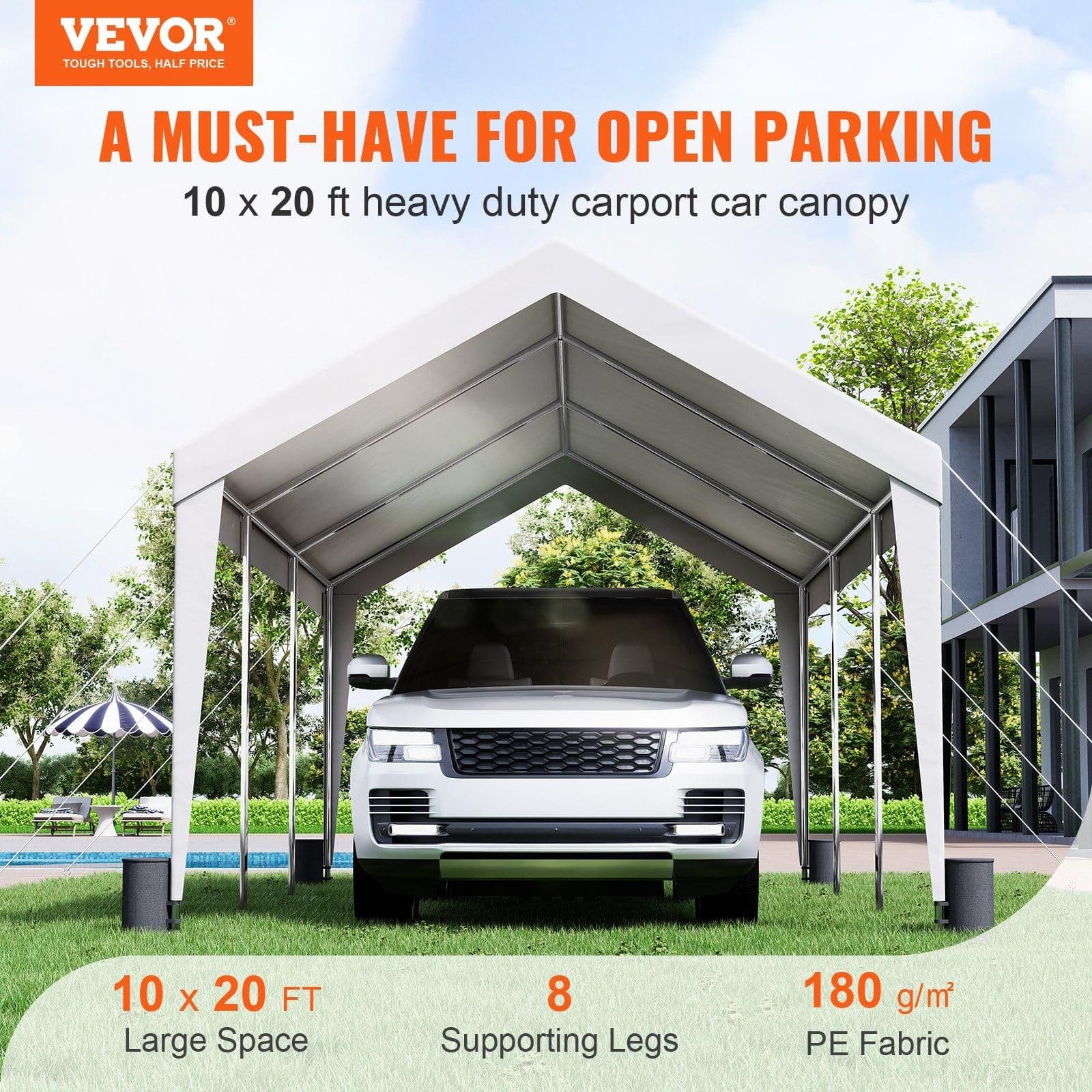 image-VEVOR Carport, 10x20 ft Heavy Duty Car Canopy Garage Boat Shelter Party Tent with 8 Reinforced Poles and 4 Weight Bags, UV Resistant Waterproof All-Season Tarp for SUV, F150, Car, Truck, Boat