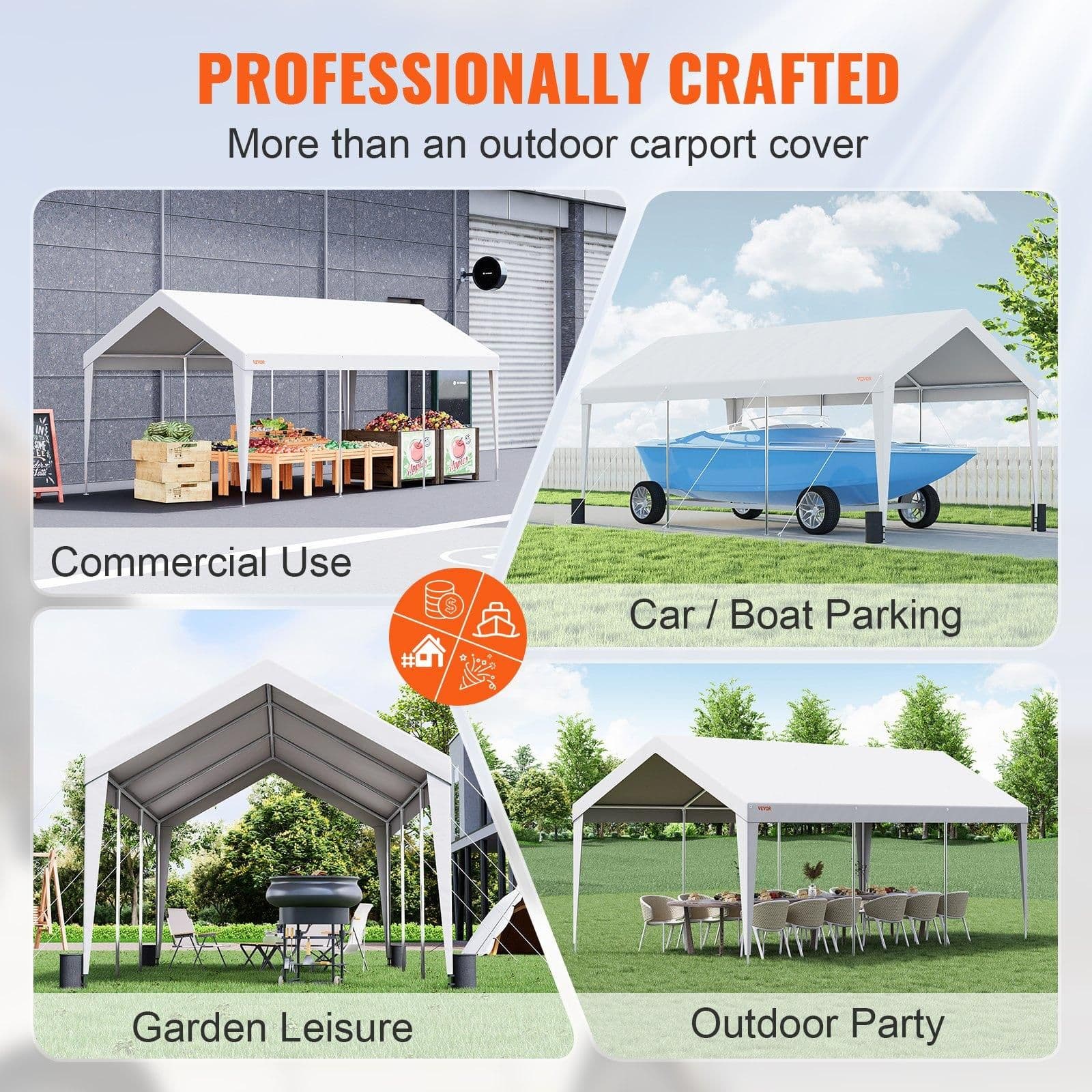image-VEVOR Carport, 10x20 ft Heavy Duty Car Canopy Garage Boat Shelter Party Tent with 8 Reinforced Poles and 4 Weight Bags, UV Resistant Waterproof All-Season Tarp for SUV, F150, Car, Truck, Boat
