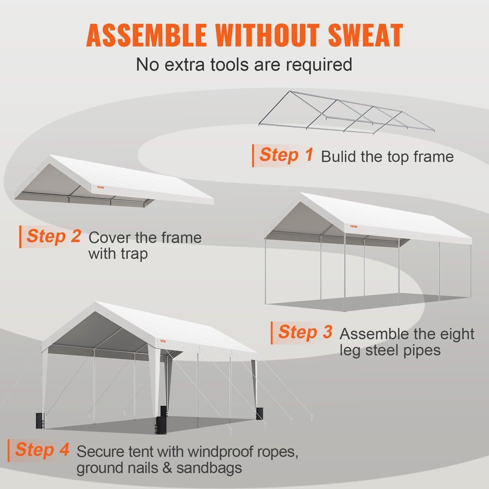 image-VEVOR Carport, 10x20 ft Heavy Duty Car Canopy Garage Boat Shelter Party Tent with 8 Reinforced Poles and 4 Weight Bags, UV Resistant Waterproof All-Season Tarp for SUV, F150, Car, Truck, Boat