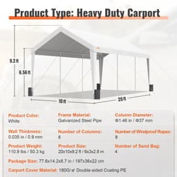 image-VEVOR Carport, 10x20 ft Heavy Duty Car Canopy Garage Boat Shelter Party Tent with 8 Reinforced Poles and 4 Weight Bags, UV Resistant Waterproof All-Season Tarp for SUV, F150, Car, Truck, Boat