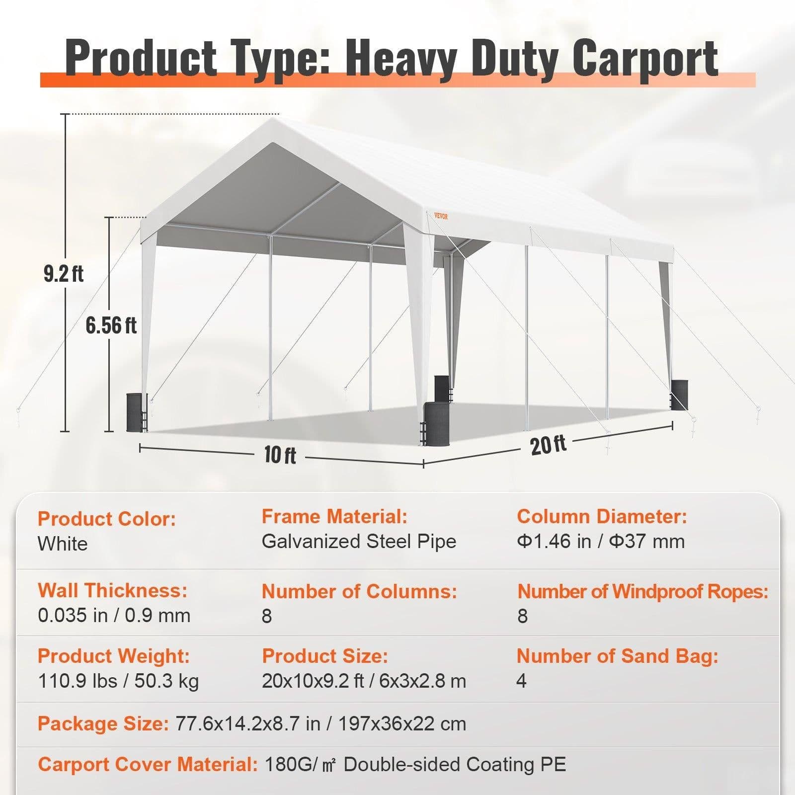 image-VEVOR Carport, 10x20 ft Heavy Duty Car Canopy Garage Boat Shelter Party Tent with 8 Reinforced Poles and 4 Weight Bags, UV Resistant Waterproof All-Season Tarp for SUV, F150, Car, Truck, Boat