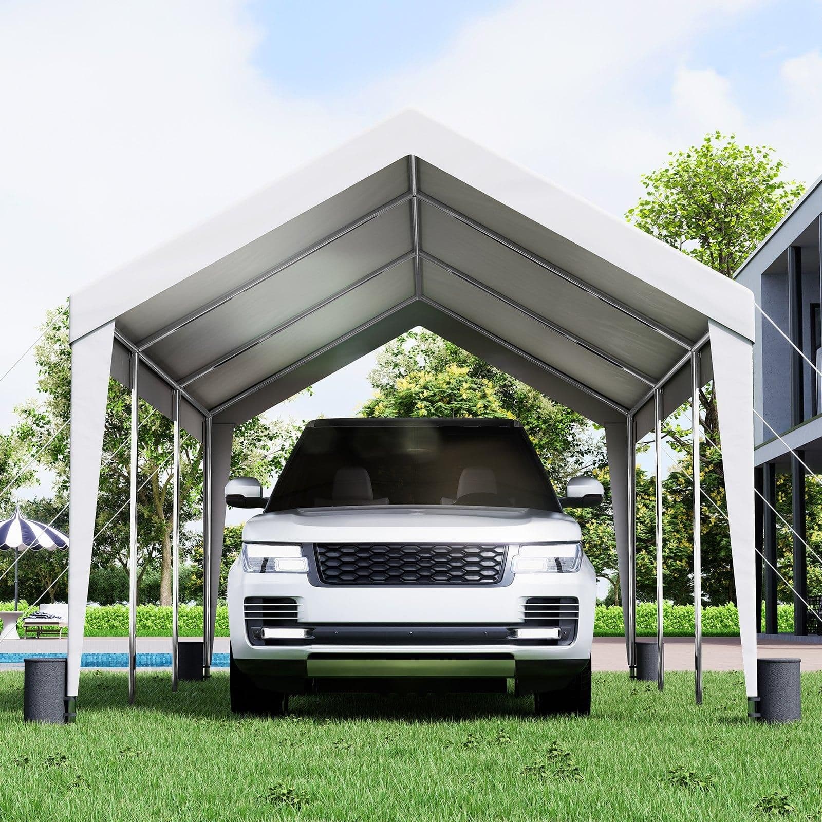 image-VEVOR Carport, 10x20 ft Heavy Duty Car Canopy Garage Boat Shelter Party Tent with 8 Reinforced Poles and 4 Weight Bags, UV Resistant Waterproof All-Season Tarp for SUV, F150, Car, Truck, Boat