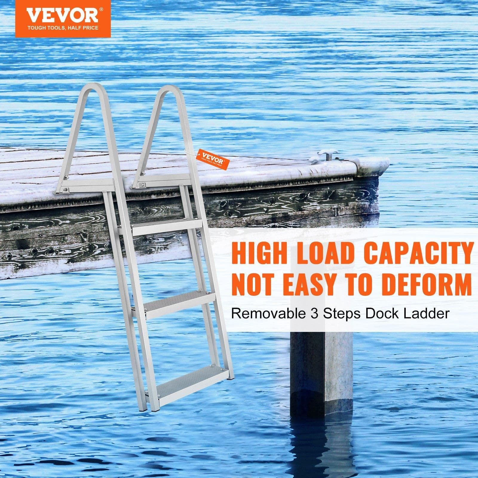 image-VEVOR Dock Ladder, Removable 3 Steps, 350 lbs Load Capacity, Aluminum Alloy Pontoon Boat Ladder with 4'' Wide Step & Nonslip Mat, Easy to Install for Ship/Lake/Pool/Marine Boarding