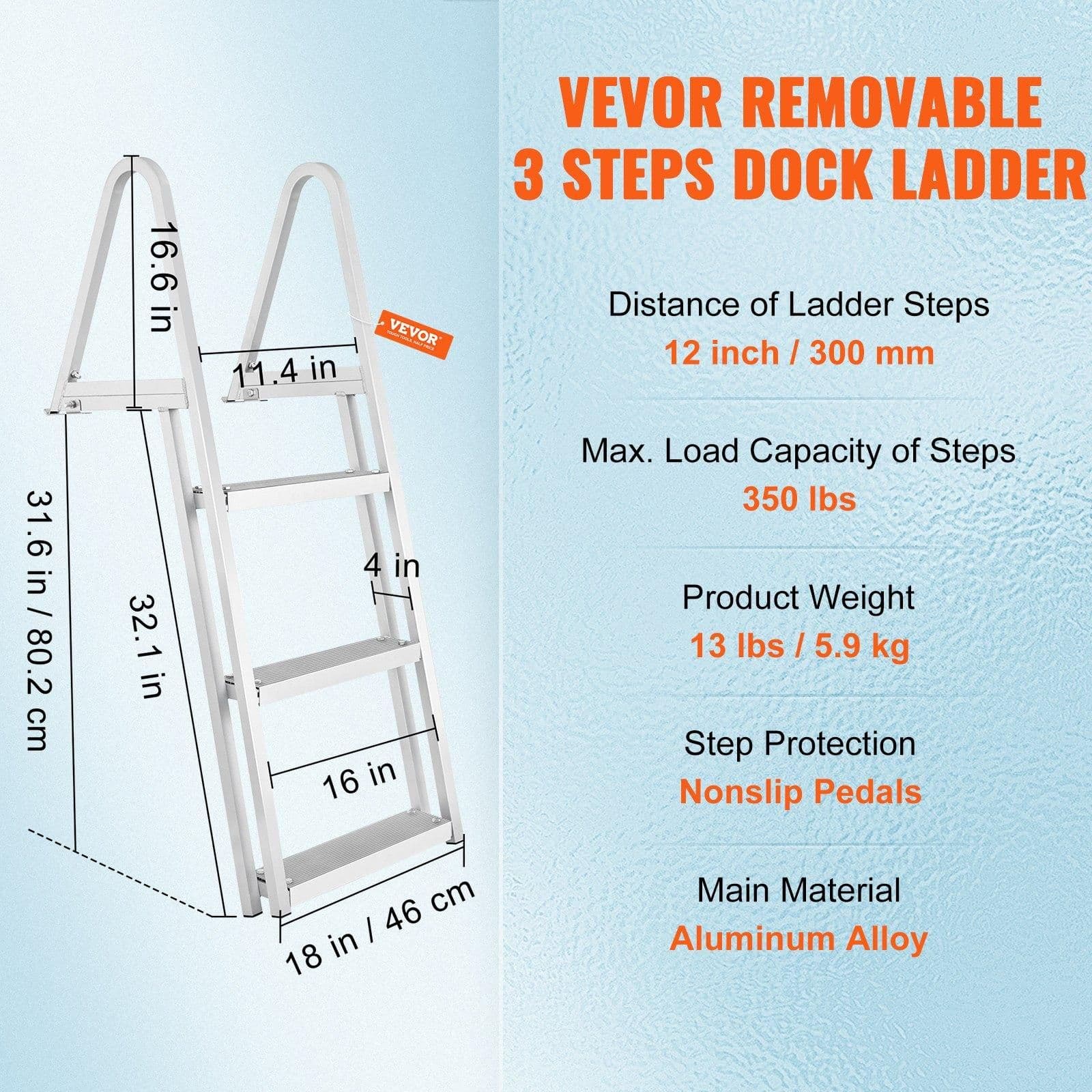 image-VEVOR Dock Ladder, Removable 3 Steps, 350 lbs Load Capacity, Aluminum Alloy Pontoon Boat Ladder with 4'' Wide Step & Nonslip Mat, Easy to Install for Ship/Lake/Pool/Marine Boarding