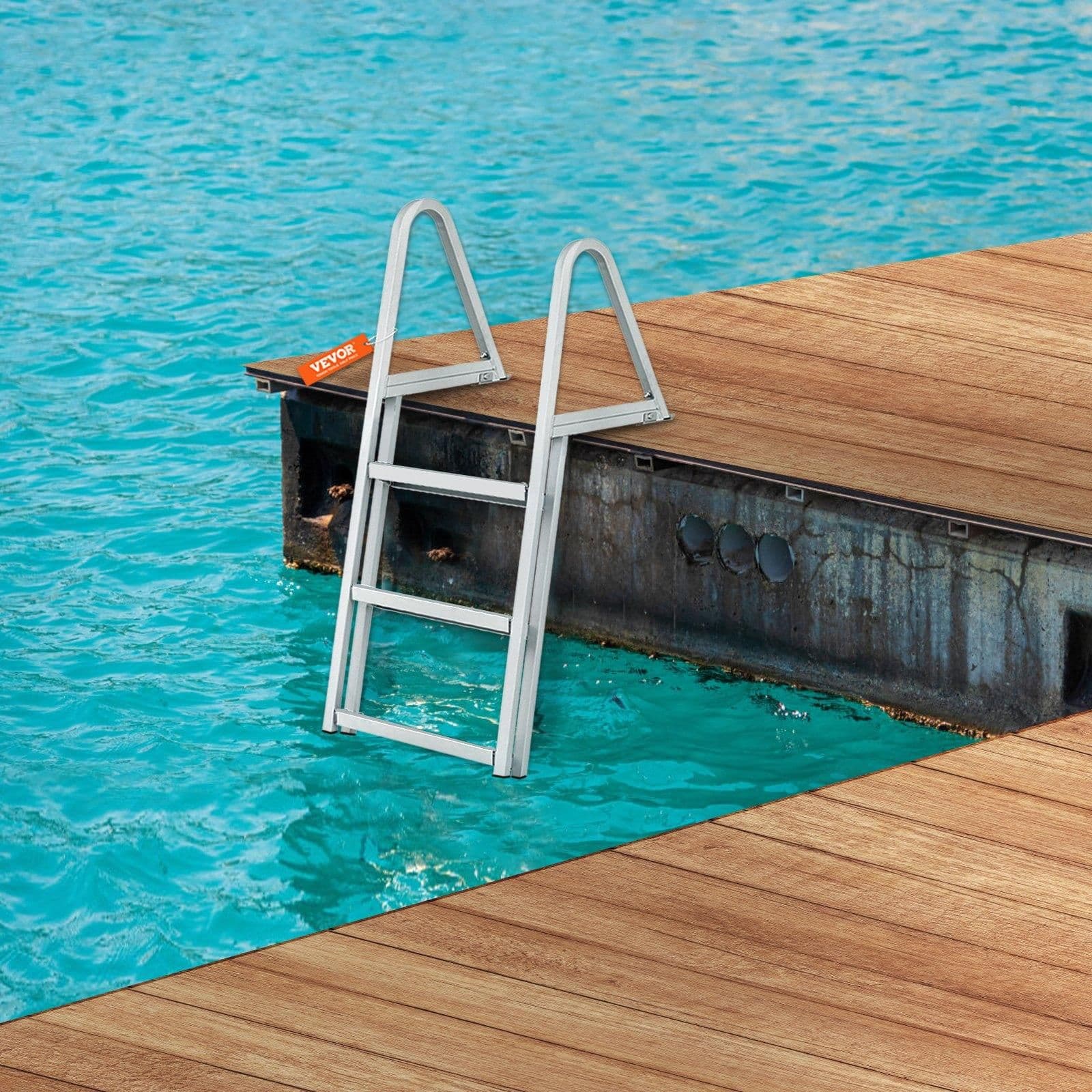image-VEVOR Dock Ladder, Removable 3 Steps, 350 lbs Load Capacity, Aluminum Alloy Pontoon Boat Ladder with 4'' Wide Step & Nonslip Mat, Easy to Install for Ship/Lake/Pool/Marine Boarding