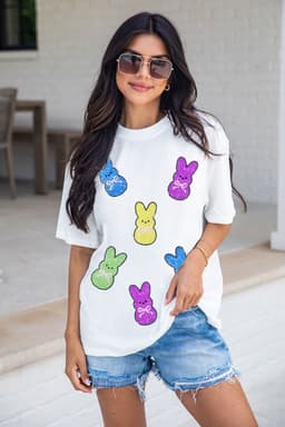 image-White Sequin Bow Bunny Doll Patched Easter Graphic Tee
