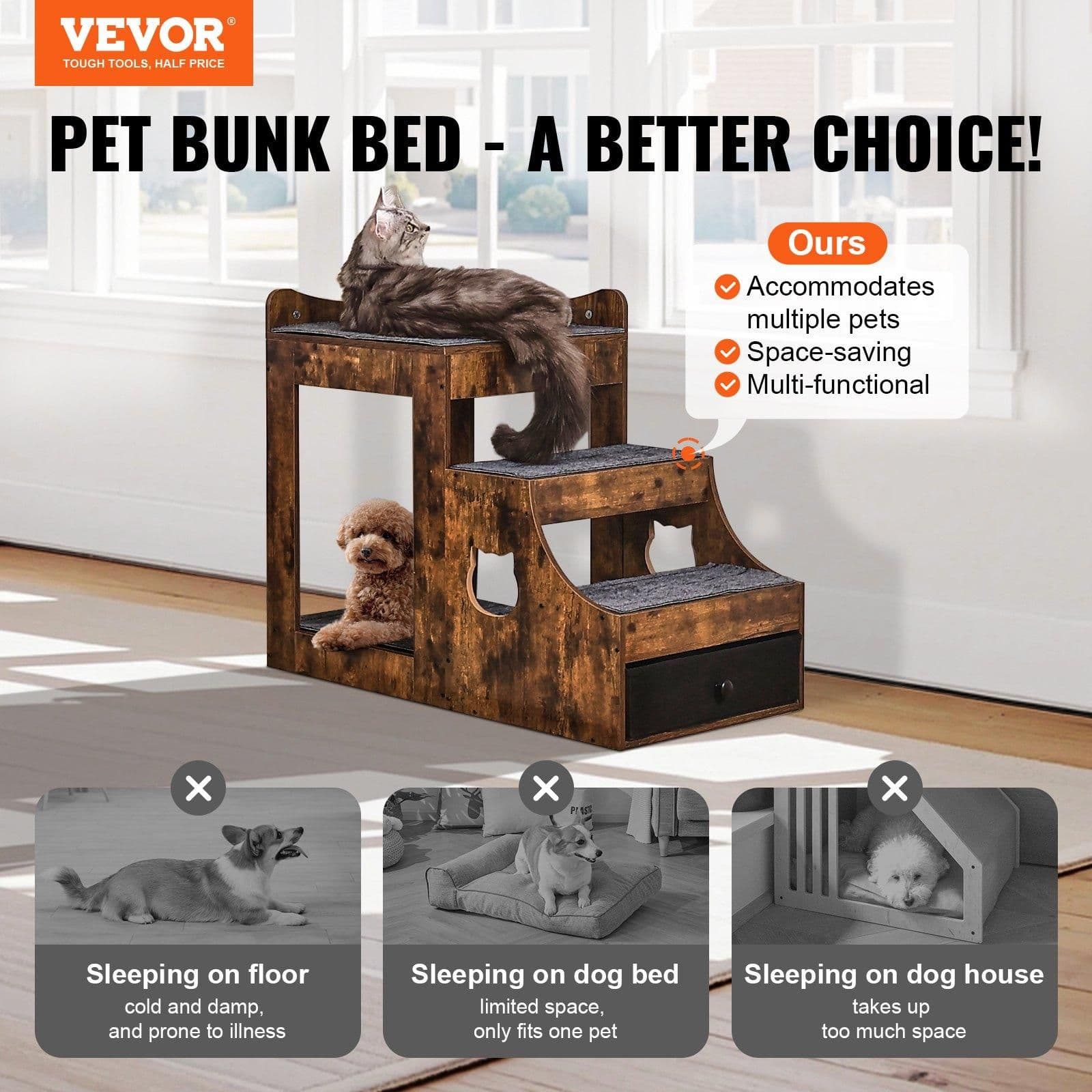 image-VEVOR Pet Bunk Bed with Removable Stairs, Dog/Cat Window Perch with Storage, Multi-Level Bed Window Perch Dog Bedside Sleeper Couch, Small Pet Seat Platform, Indoor Use (Rustic Brown)