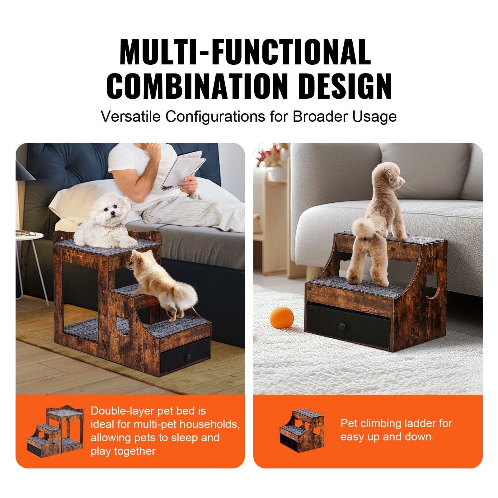 image-VEVOR Pet Bunk Bed with Removable Stairs, Dog/Cat Window Perch with Storage, Multi-Level Bed Window Perch Dog Bedside Sleeper Couch, Small Pet Seat Platform, Indoor Use (Rustic Brown)