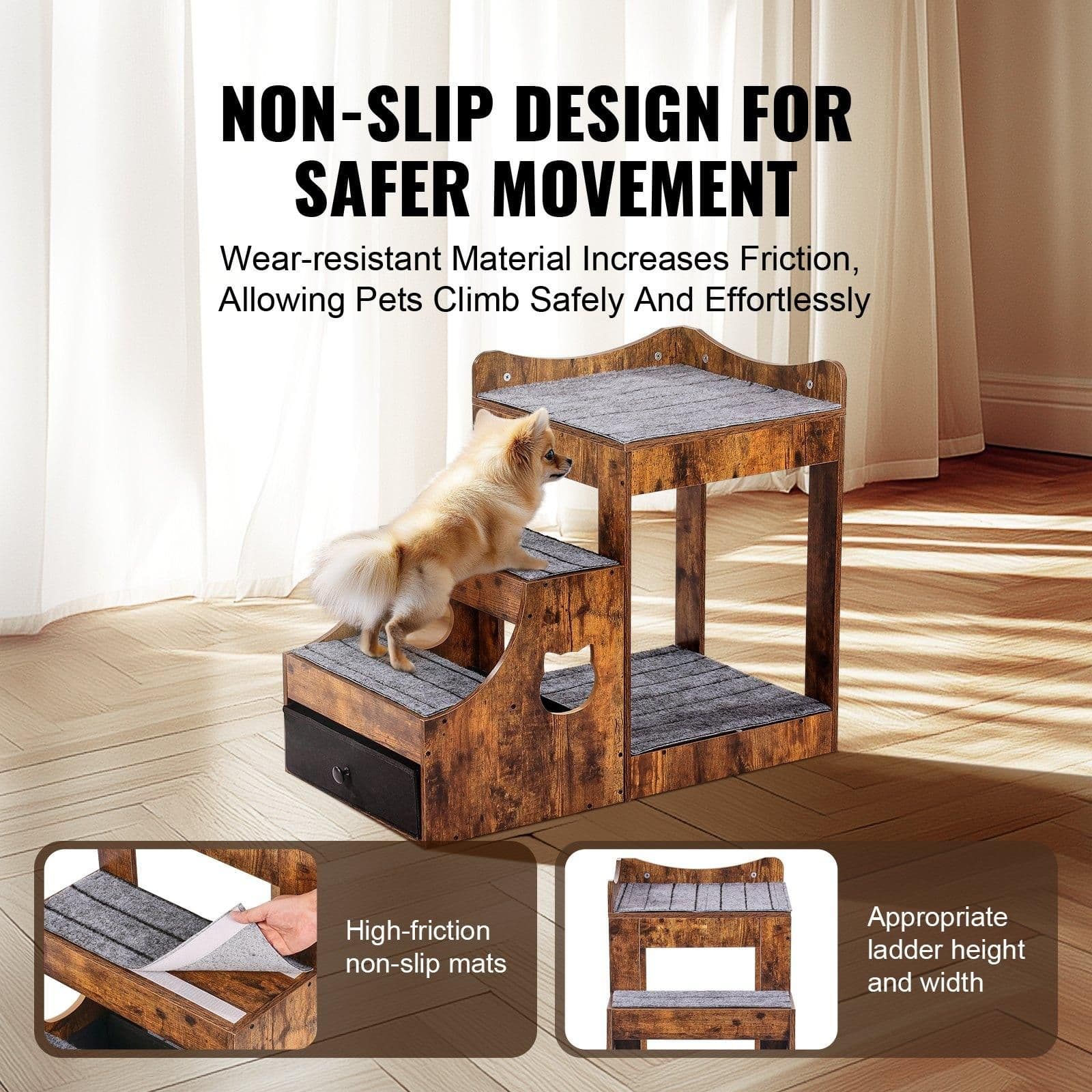 image-VEVOR Pet Bunk Bed with Removable Stairs, Dog/Cat Window Perch with Storage, Multi-Level Bed Window Perch Dog Bedside Sleeper Couch, Small Pet Seat Platform, Indoor Use (Rustic Brown)