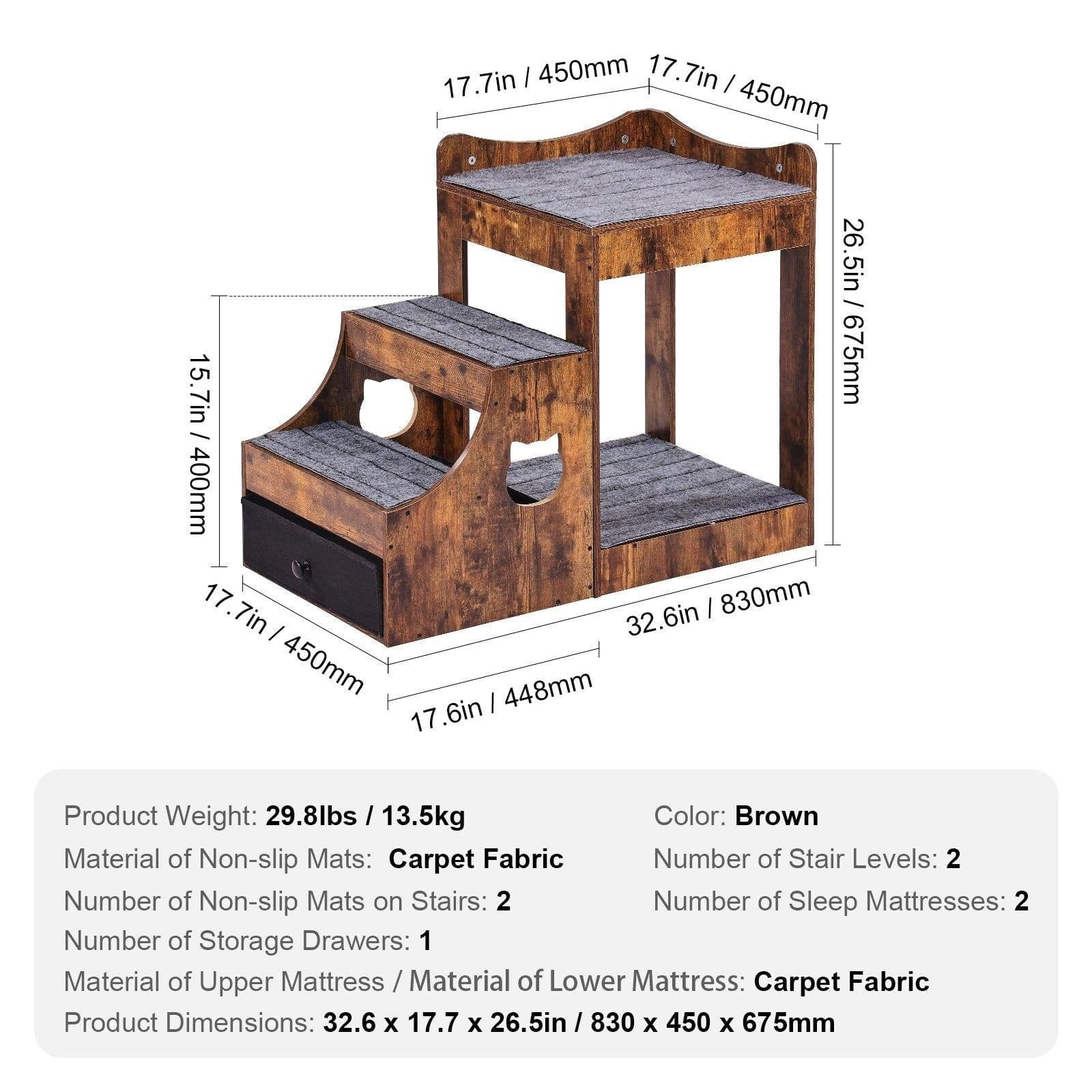 image-VEVOR Pet Bunk Bed with Removable Stairs, Dog/Cat Window Perch with Storage, Multi-Level Bed Window Perch Dog Bedside Sleeper Couch, Small Pet Seat Platform, Indoor Use (Rustic Brown)