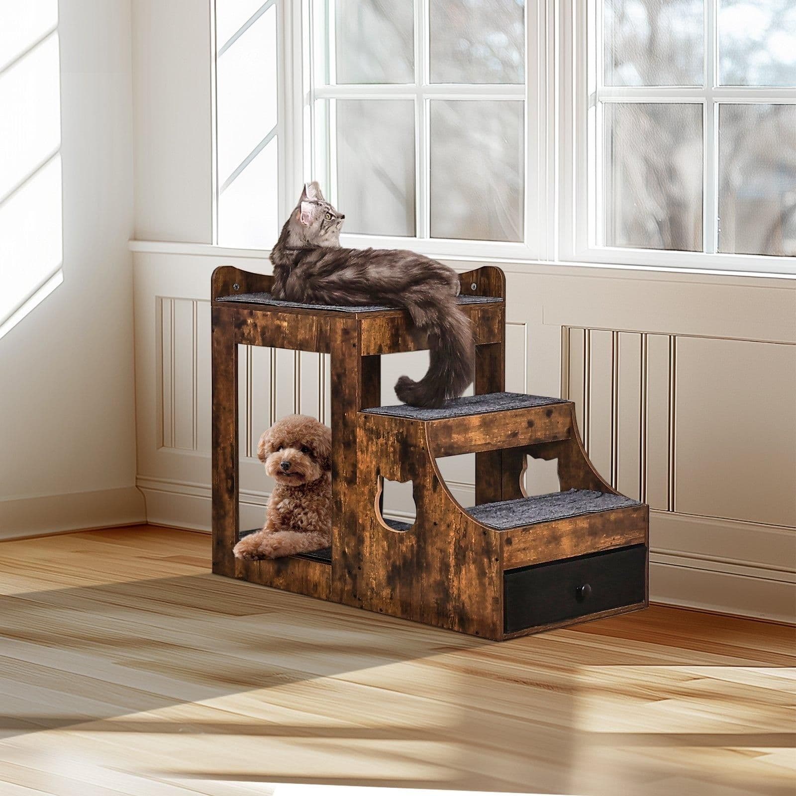 image-VEVOR Pet Bunk Bed with Removable Stairs, Dog/Cat Window Perch with Storage, Multi-Level Bed Window Perch Dog Bedside Sleeper Couch, Small Pet Seat Platform, Indoor Use (Rustic Brown)