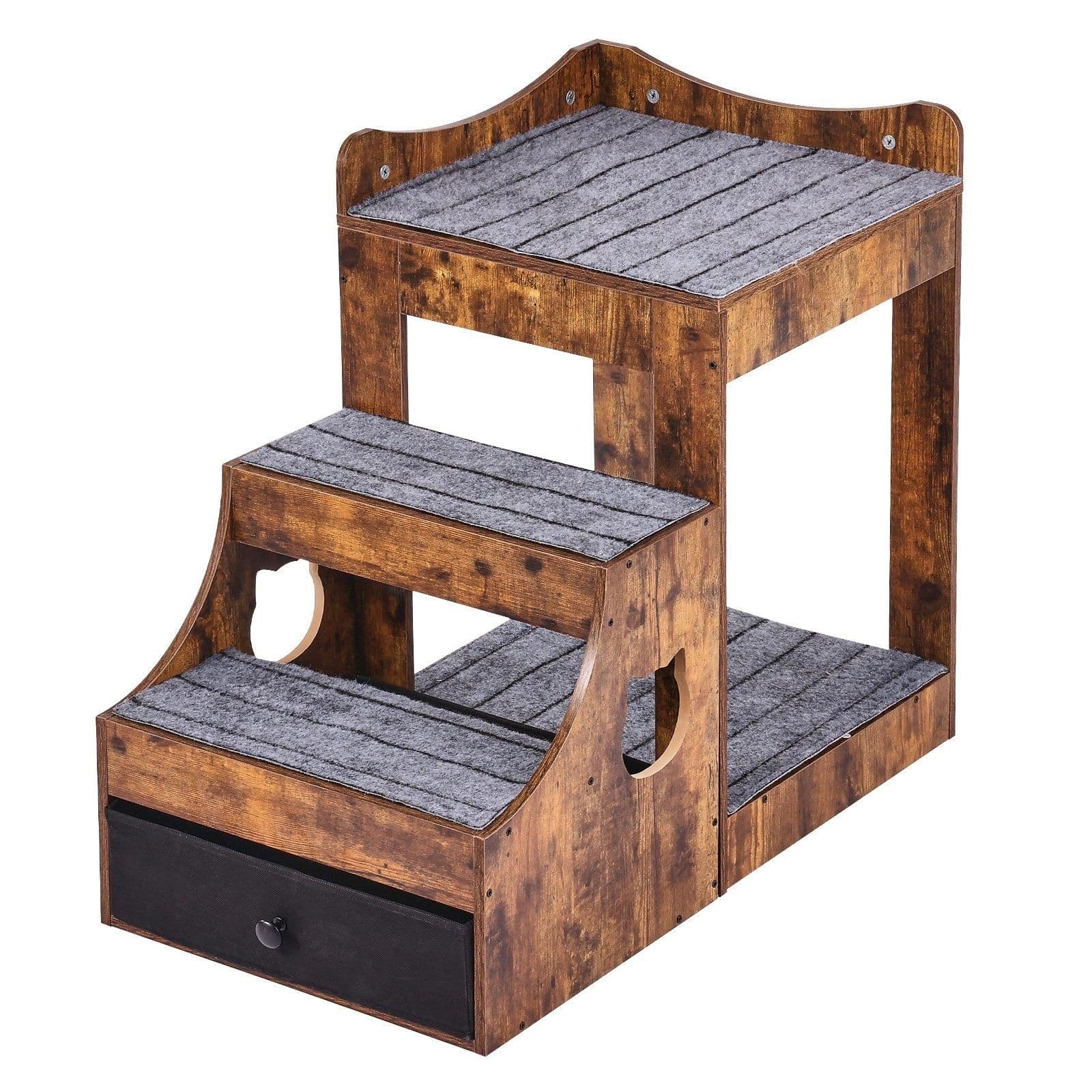 image-VEVOR Pet Bunk Bed with Removable Stairs, Dog/Cat Window Perch with Storage, Multi-Level Bed Window Perch Dog Bedside Sleeper Couch, Small Pet Seat Platform, Indoor Use (Rustic Brown)