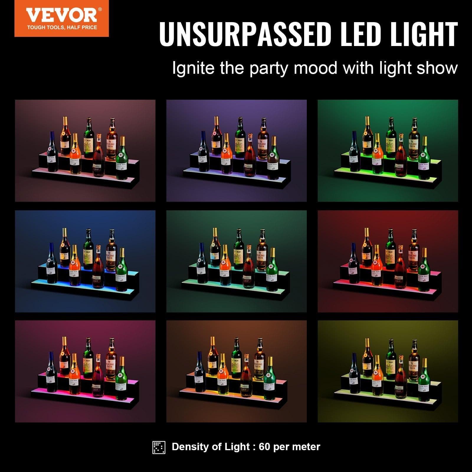 image-VEVOR LED Lighted Liquor Bottle Display, 2 Tiers 30 Inches, Illuminated Home Bar Shelf with RF Remote & App Control 7 Static Colors 1-4 H Timing, Acrylic Drinks Lighting Shelf for Holding 16 Bottles