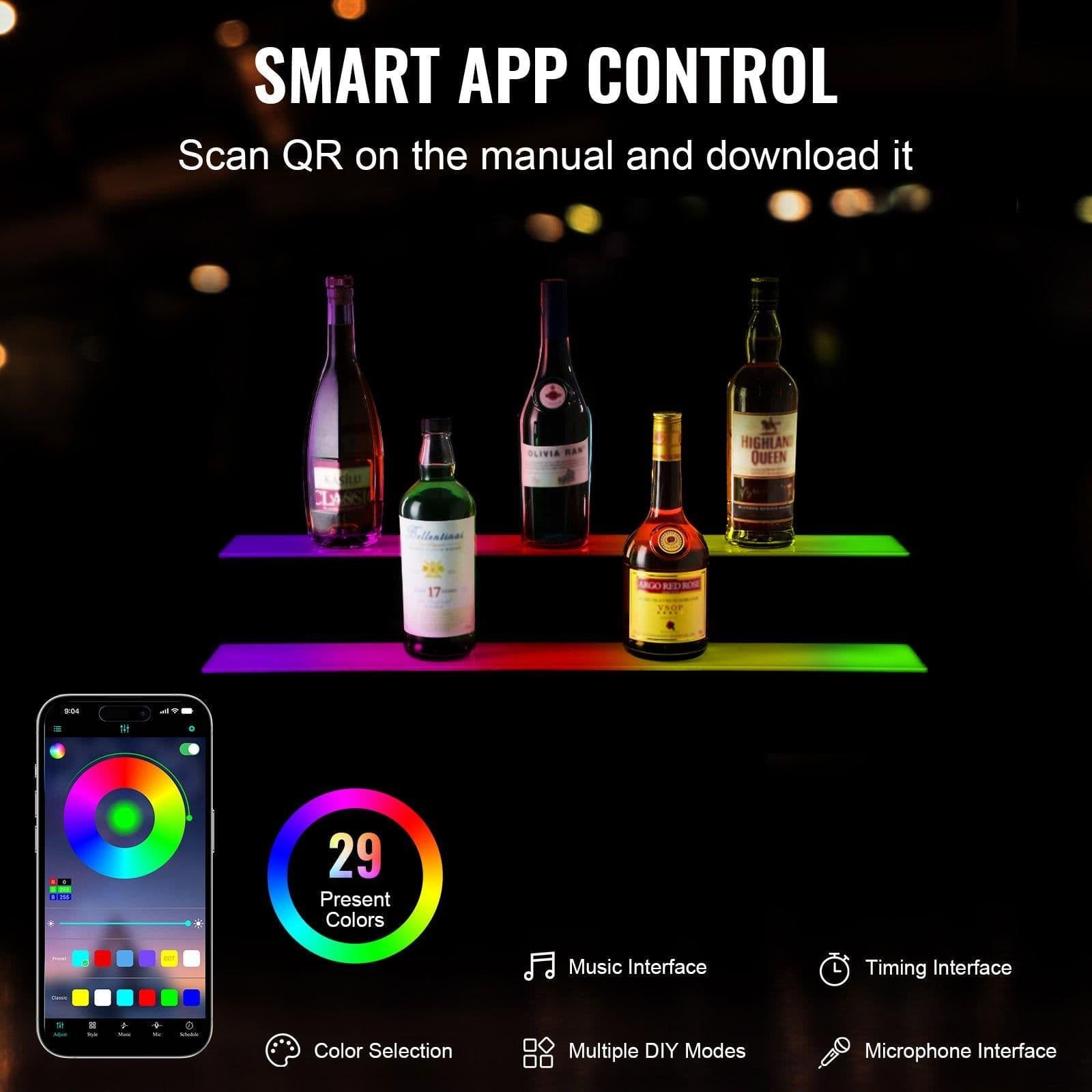image-VEVOR LED Lighted Liquor Bottle Display, 2 Tiers 30 Inches, Illuminated Home Bar Shelf with RF Remote & App Control 7 Static Colors 1-4 H Timing, Acrylic Drinks Lighting Shelf for Holding 16 Bottles