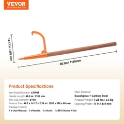 image-VEVOR Log Peavey, 46.5 in, Wooden Handle Log Lifter, Heavy Duty Log Roller with Max 18 in Opening, Rust-Resistant Log Jack Cant Hook, Felling Log Roller Tool for Rolling, Raising, Turning Logs