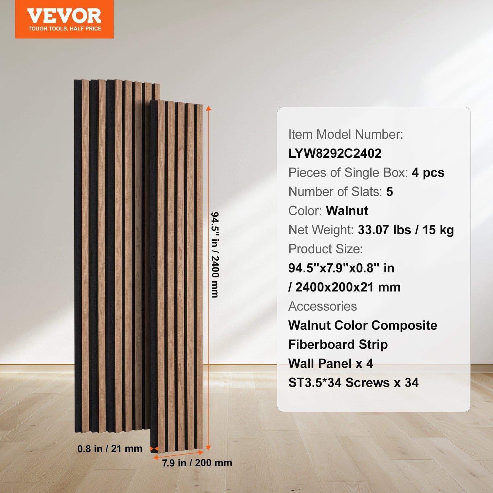 image-VEVOR Wood Slat Acoustic Panels, 7.9 x 94.5 inch, MDF Accent Wooden Wall Panels for Modern Interior Wall, Faux Wood Wall Board Panels for Stylish Decor and Noise Reduction, Walnut