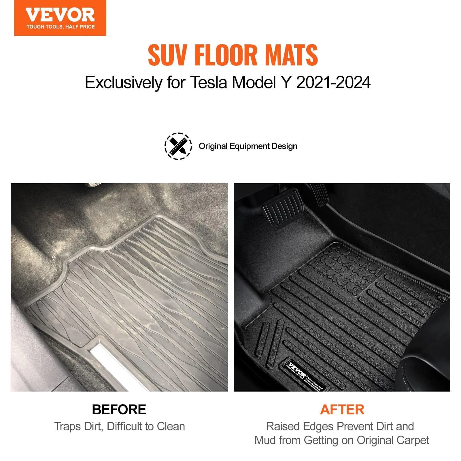 image-VEVOR Automotive Floor Mats, Fits for Tesla Model Y 2021-2024, 3 pcs Front and 2nd Row Liners, All Weather Custom Fit TPE Vehicle Floor Mats, Easy to Clean and Secure Floor Liners for SUV, Black