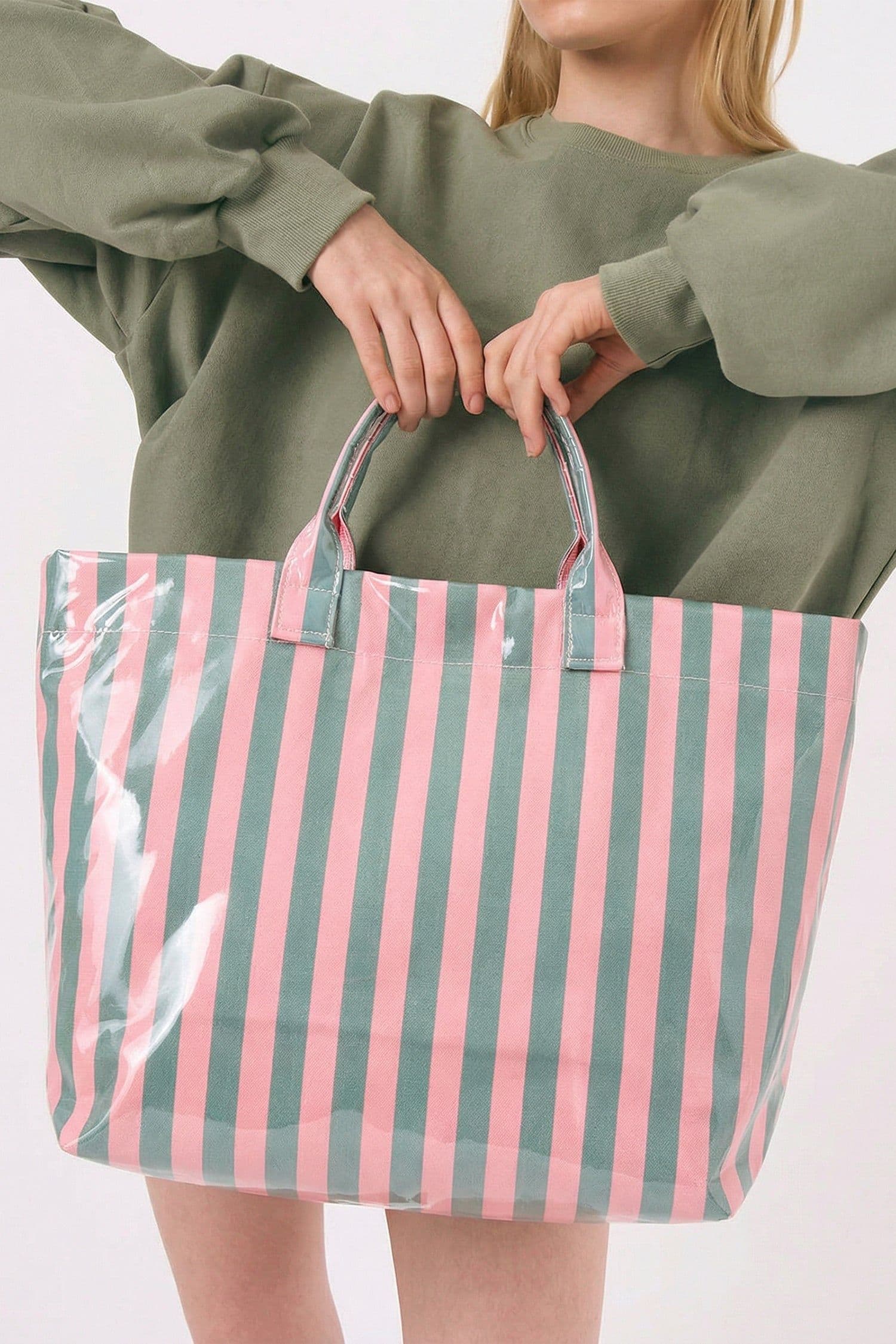 image-Black Glossy Striped Vinyl Large Tote Bag