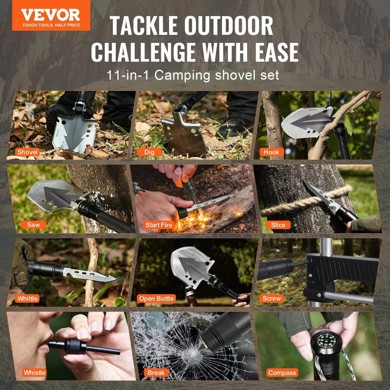 image-VEVOR Survival Shovel, 11 in 1 Camping Shovel Folding Multitool, Military Grade Portable Compact Tactical Shovel, Multifunction for Off-Roading, Camping, Hiking, Outdoor, Survivalist and Emergency