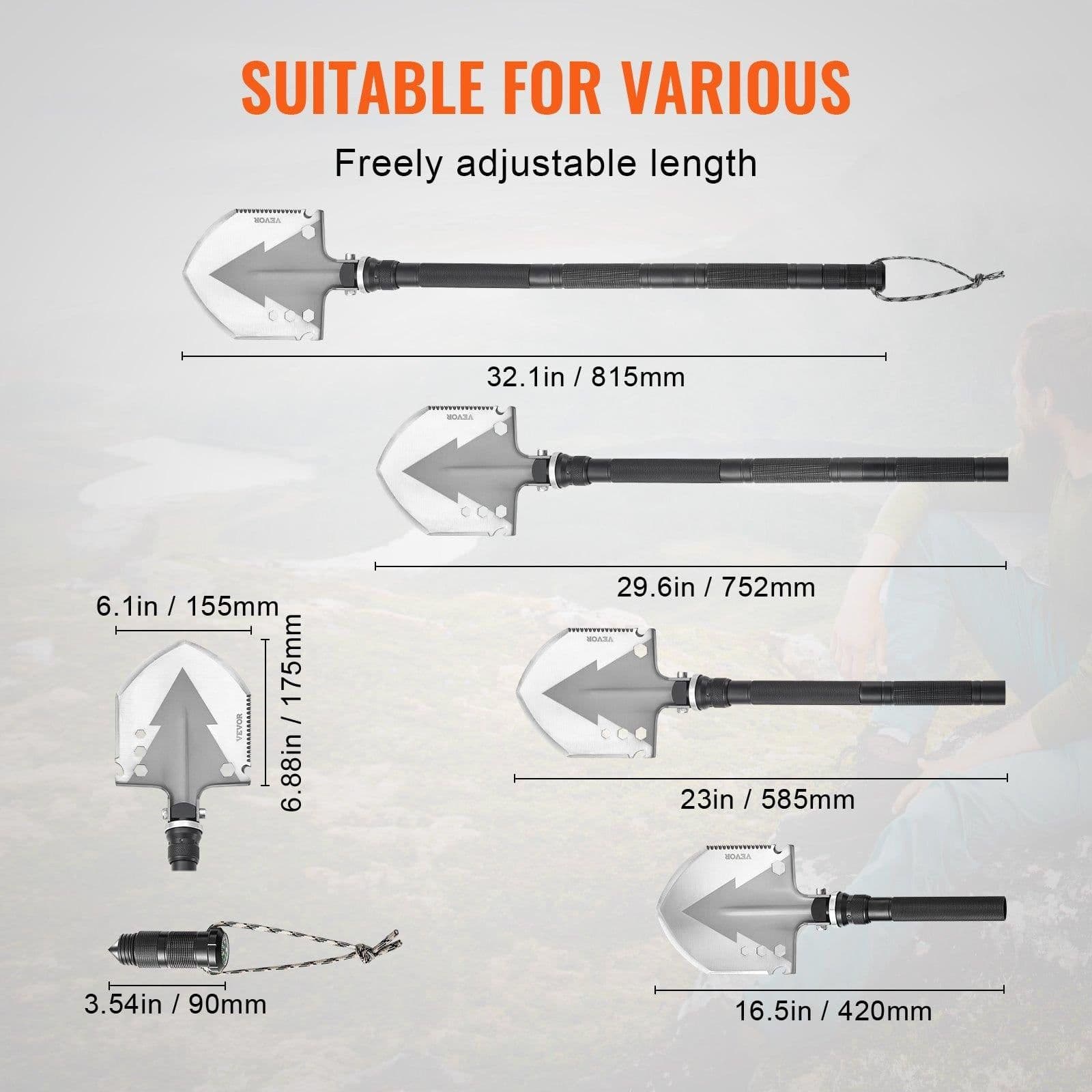 image-VEVOR Survival Shovel, 11 in 1 Camping Shovel Folding Multitool, Military Grade Portable Compact Tactical Shovel, Multifunction for Off-Roading, Camping, Hiking, Outdoor, Survivalist and Emergency