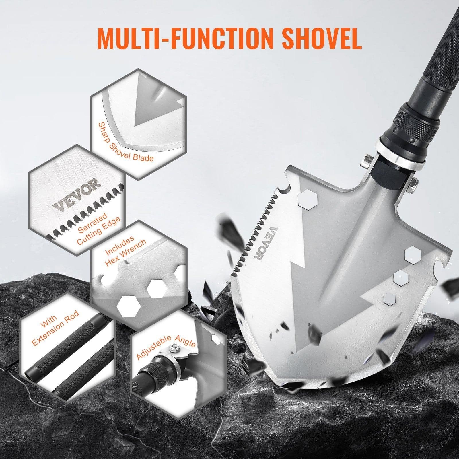 image-VEVOR Survival Shovel, 11 in 1 Camping Shovel Folding Multitool, Military Grade Portable Compact Tactical Shovel, Multifunction for Off-Roading, Camping, Hiking, Outdoor, Survivalist and Emergency