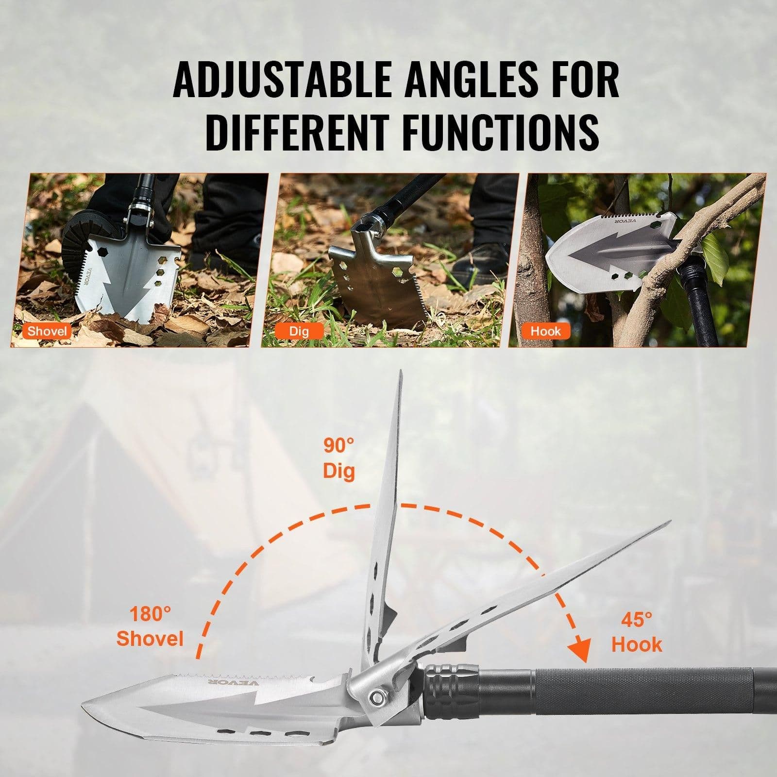 image-VEVOR Survival Shovel, 11 in 1 Camping Shovel Folding Multitool, Military Grade Portable Compact Tactical Shovel, Multifunction for Off-Roading, Camping, Hiking, Outdoor, Survivalist and Emergency