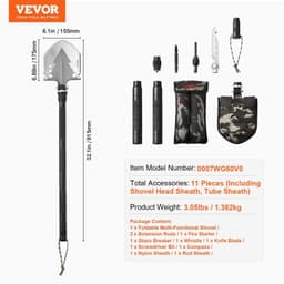 image-VEVOR Survival Shovel, 11 in 1 Camping Shovel Folding Multitool, Military Grade Portable Compact Tactical Shovel, Multifunction for Off-Roading, Camping, Hiking, Outdoor, Survivalist and Emergency