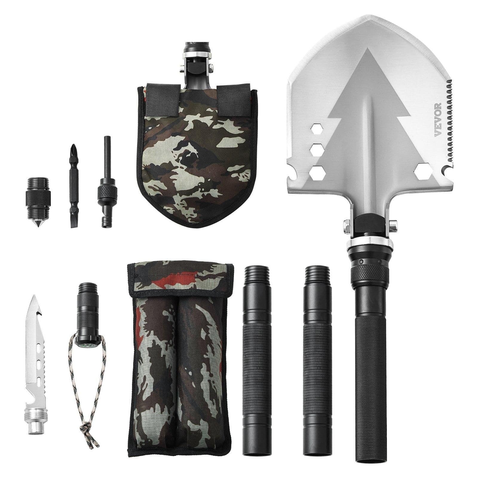 image-VEVOR Survival Shovel, 11 in 1 Camping Shovel Folding Multitool, Military Grade Portable Compact Tactical Shovel, Multifunction for Off-Roading, Camping, Hiking, Outdoor, Survivalist and Emergency