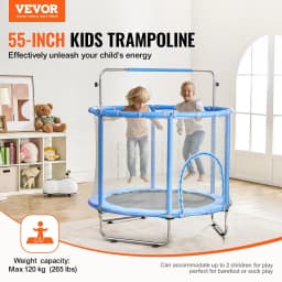 image-VEVOR 55" Kids Trampoline, 4.6FT Indoor Outdoor Trampoline, Mini Toddler Recreational Trampolinewith Safety Enclosure Net and Basketball Hoop, Birthday Gifts Christmas Toys for 3+ Years Children, Blue