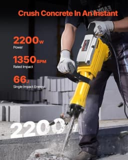 image-VEVOR Demolition Jack Hammer, 2200W Electric Jackhammer Heavy Duty, 1350 BPM Jack Hammer Concrete Breaker, with 1 Point Chisel, 1 Flat Chisel, Storage Case, Gloves and Goggles, for Demolition