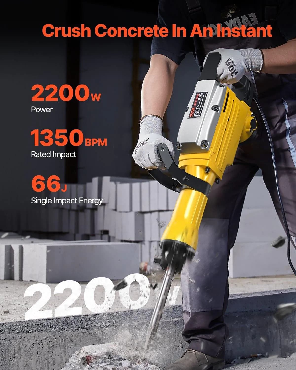 image-VEVOR Demolition Jack Hammer, 2200W Electric Jackhammer Heavy Duty, 1350 BPM Jack Hammer Concrete Breaker, with 1 Point Chisel, 1 Flat Chisel, Storage Case, Gloves and Goggles, for Demolition