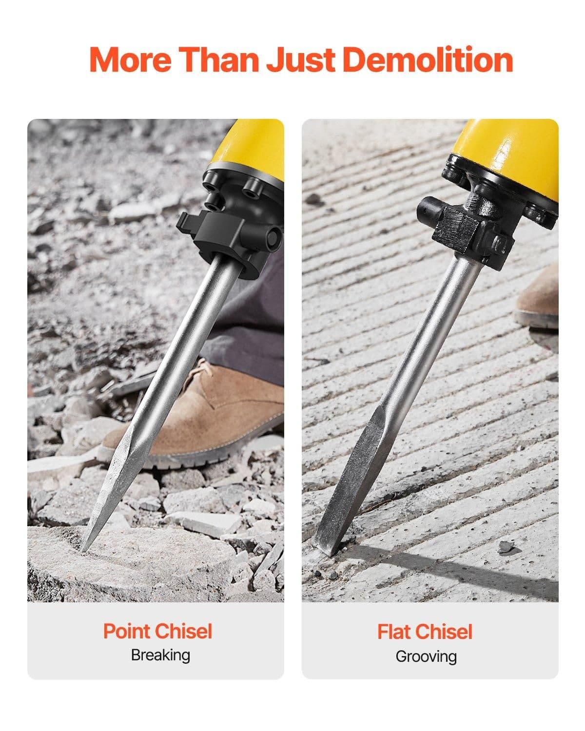 image-VEVOR Demolition Jack Hammer, 2200W Electric Jackhammer Heavy Duty, 1350 BPM Jack Hammer Concrete Breaker, with 1 Point Chisel, 1 Flat Chisel, Storage Case, Gloves and Goggles, for Demolition