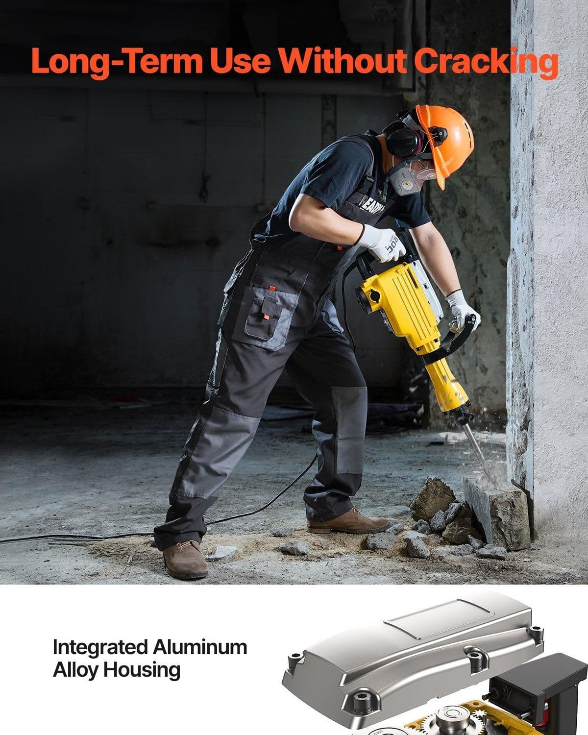 image-VEVOR Demolition Jack Hammer, 2200W Electric Jackhammer Heavy Duty, 1350 BPM Jack Hammer Concrete Breaker, with 1 Point Chisel, 1 Flat Chisel, Storage Case, Gloves and Goggles, for Demolition