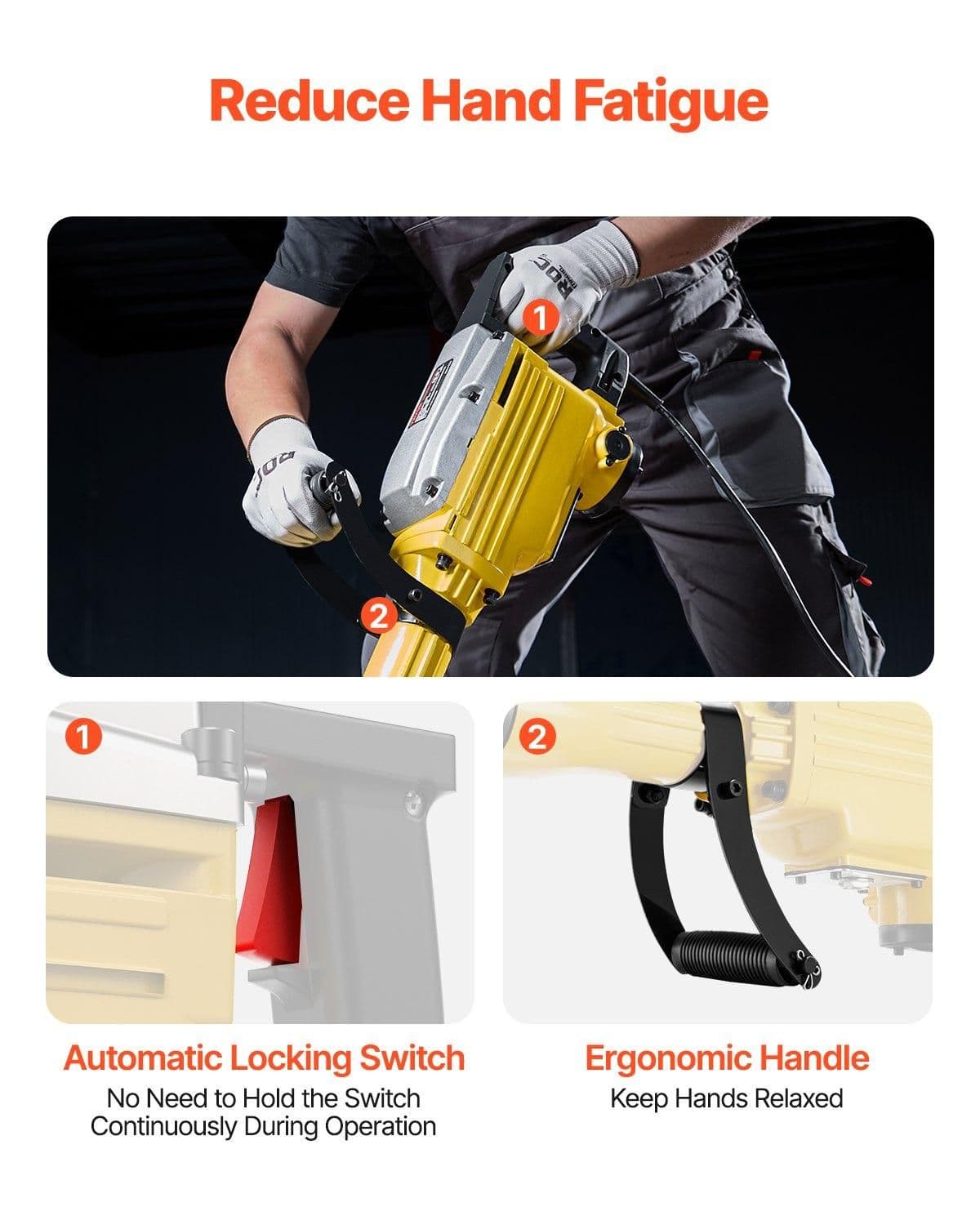 image-VEVOR Demolition Jack Hammer, 2200W Electric Jackhammer Heavy Duty, 1350 BPM Jack Hammer Concrete Breaker, with 1 Point Chisel, 1 Flat Chisel, Storage Case, Gloves and Goggles, for Demolition