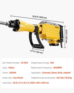image-VEVOR Demolition Jack Hammer, 2200W Electric Jackhammer Heavy Duty, 1350 BPM Jack Hammer Concrete Breaker, with 1 Point Chisel, 1 Flat Chisel, Storage Case, Gloves and Goggles, for Demolition