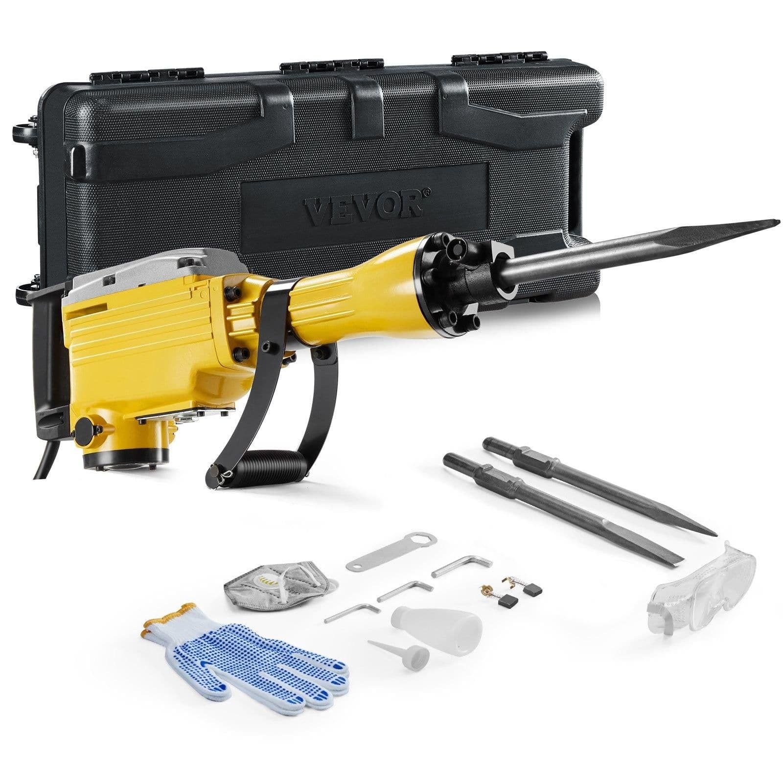 image-VEVOR Demolition Jack Hammer, 2200W Electric Jackhammer Heavy Duty, 1350 BPM Jack Hammer Concrete Breaker, with 1 Point Chisel, 1 Flat Chisel, Storage Case, Gloves and Goggles, for Demolition