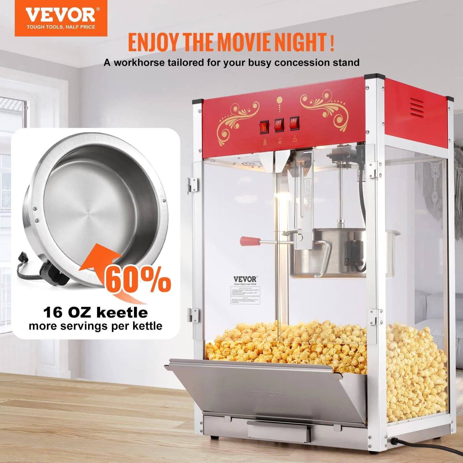 image-VEVOR Popcorn Maker, 1615W Popcorn Popper Machine, 16 Oz Kettle Large Capacity Countertop Popcorn Maker with Tempered Glass, Includes 3 Stainless Steel Scoops, Movie Theater Style, Red