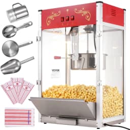 image-VEVOR Popcorn Maker, 1615W Popcorn Popper Machine, 16 Oz Kettle Large Capacity Countertop Popcorn Maker with Tempered Glass, Includes 3 Stainless Steel Scoops, Movie Theater Style, Red